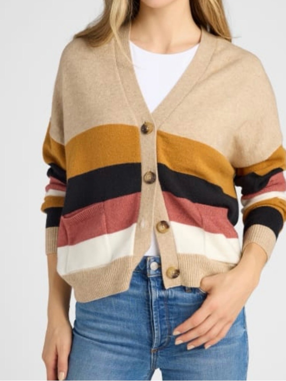 Vigoss Beige Multi-Stripe V-Neck Button Cardigan